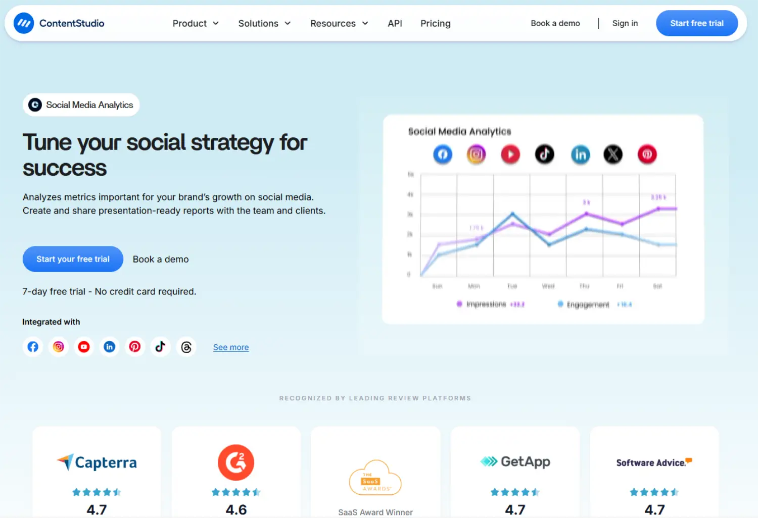 contentstudio social media analytics homepage
