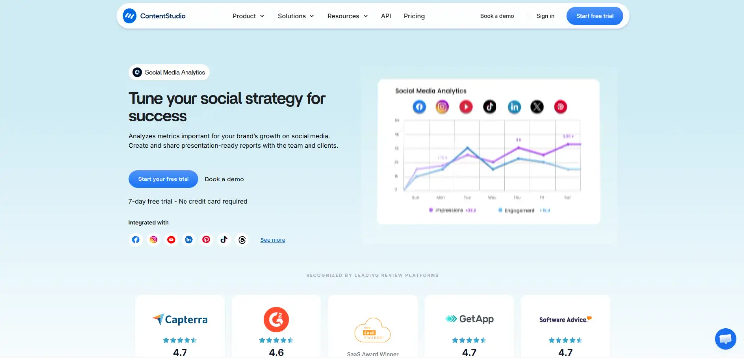 contentstudio social media analytics homepage