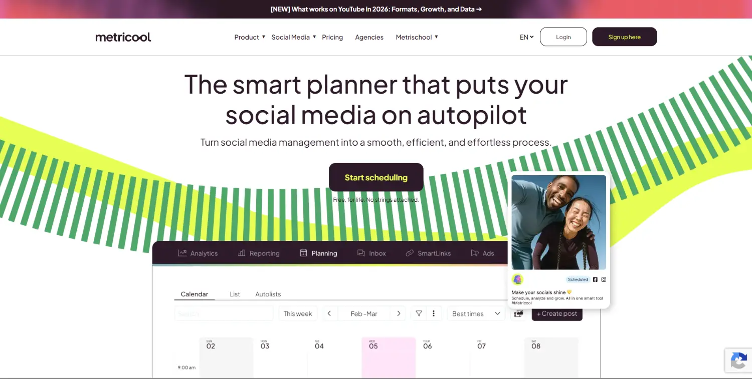 metricool social media content calander homepage