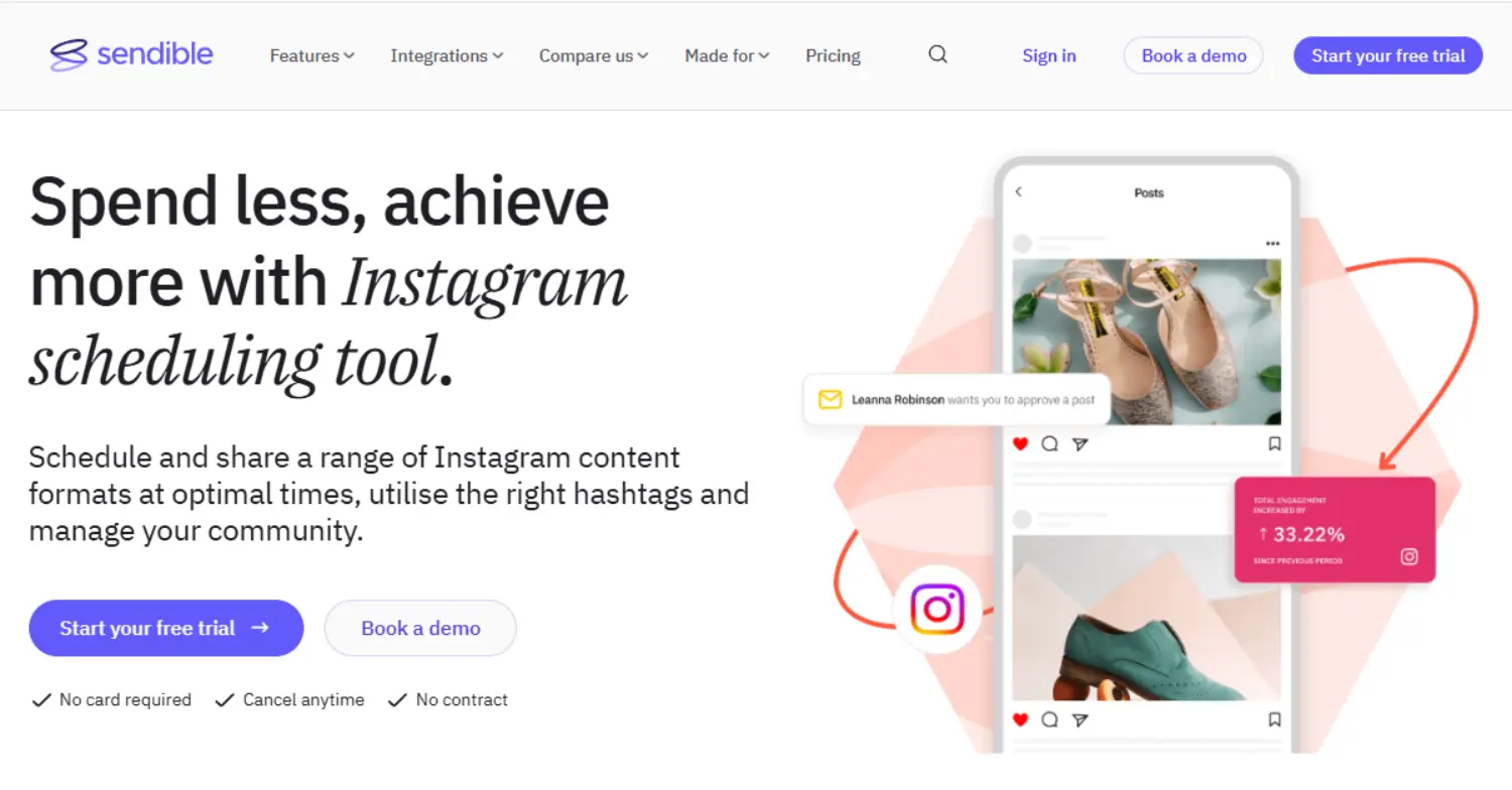 sendible instagram scheduler homepage