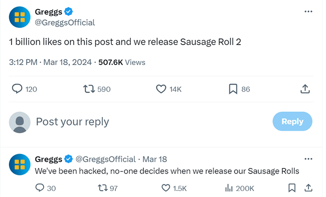 Straight up ask for engagements - Greggs