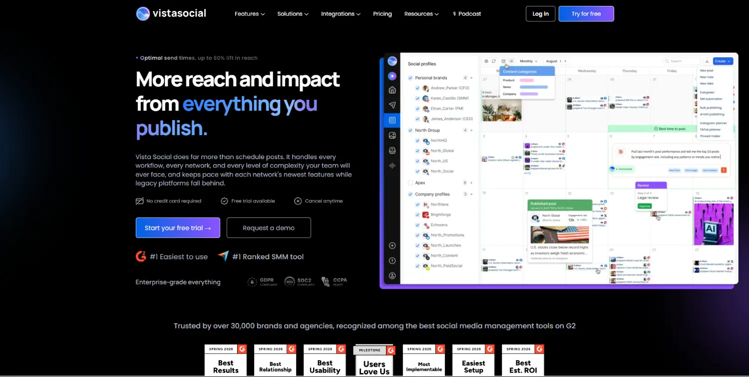 vista social social media content calender homepage