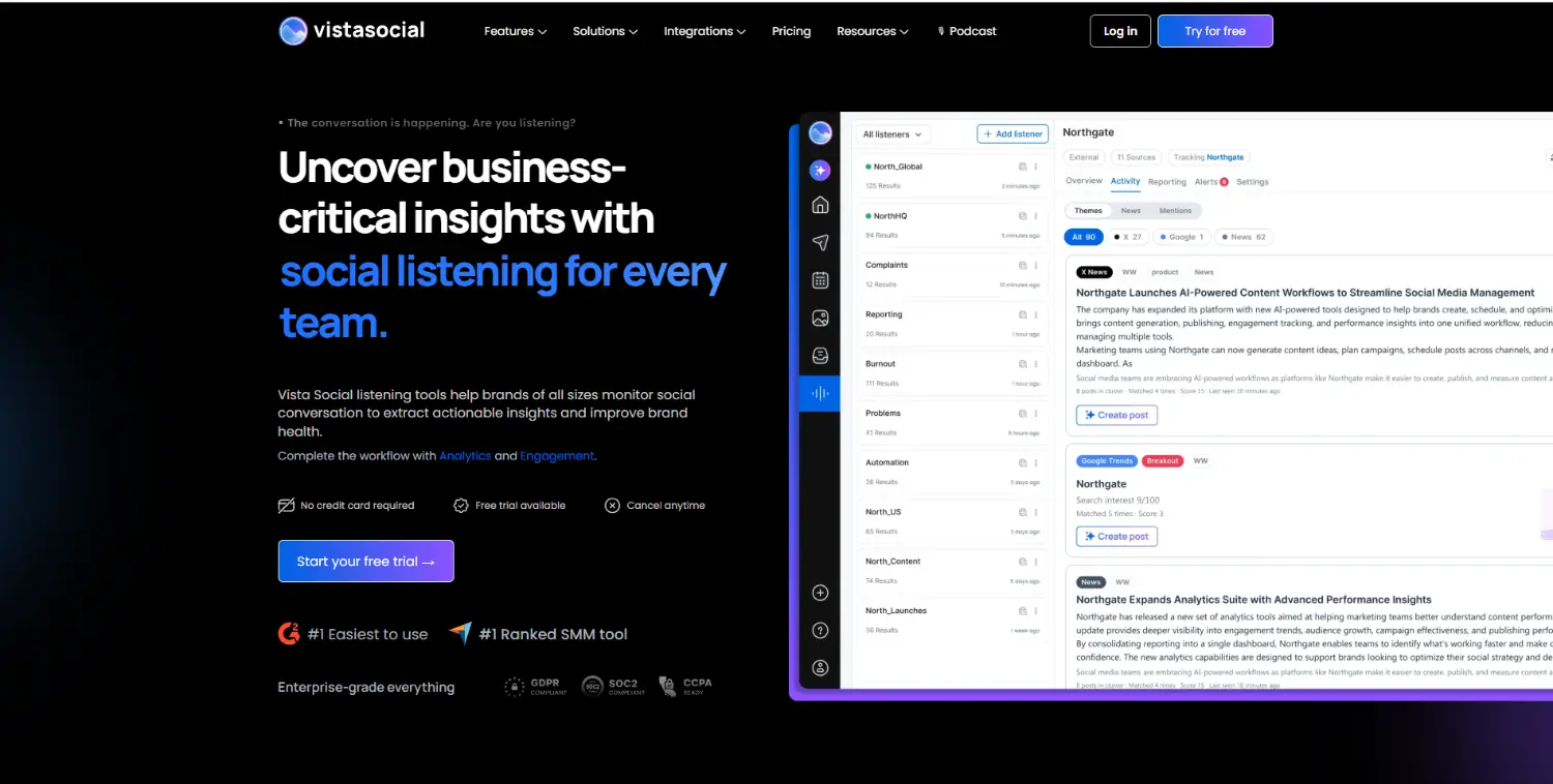 vista social social media monitoring tool homepage