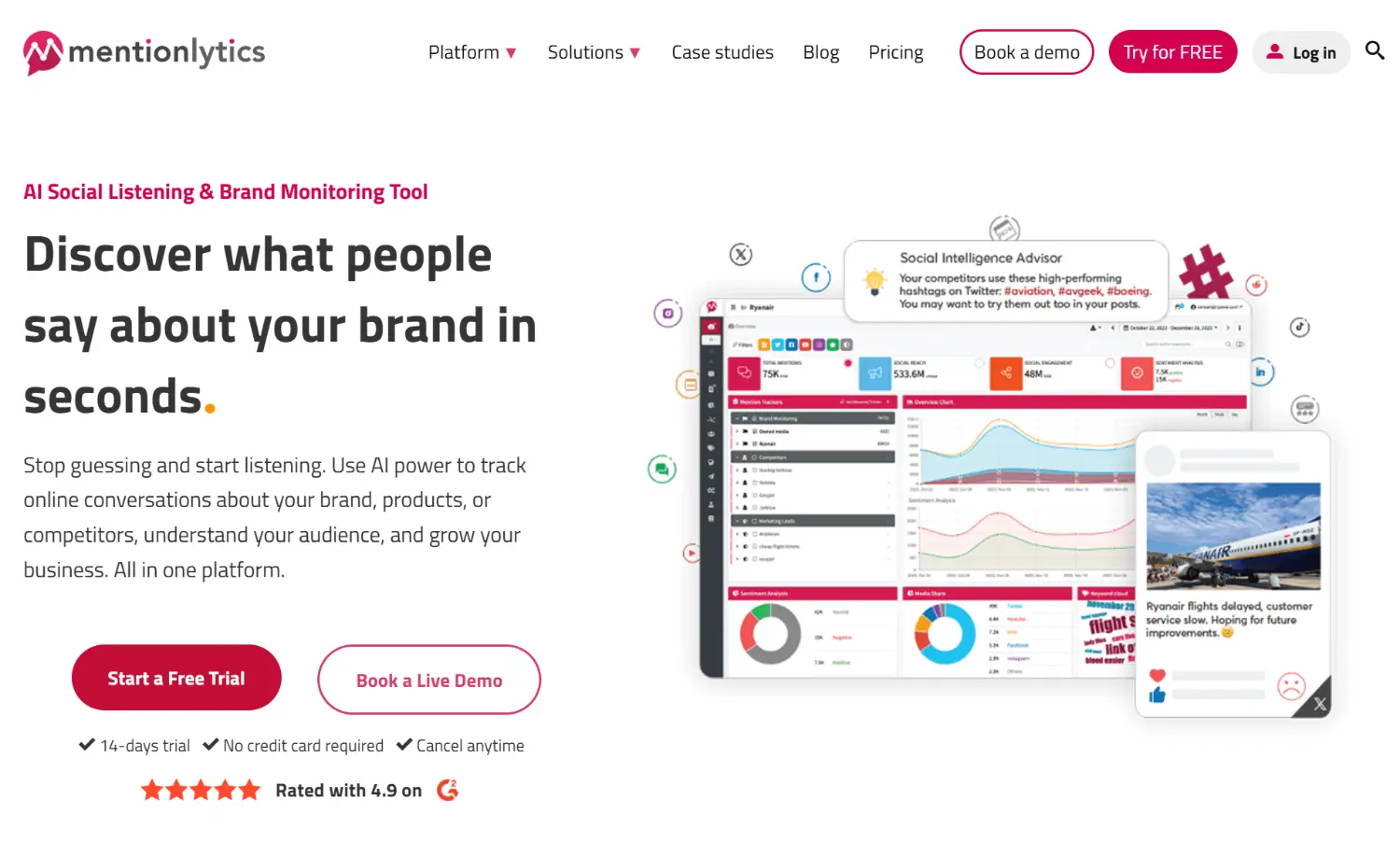 mentionlytics social listening homepage
